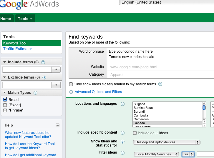 SEO keyword tool condo marketing
