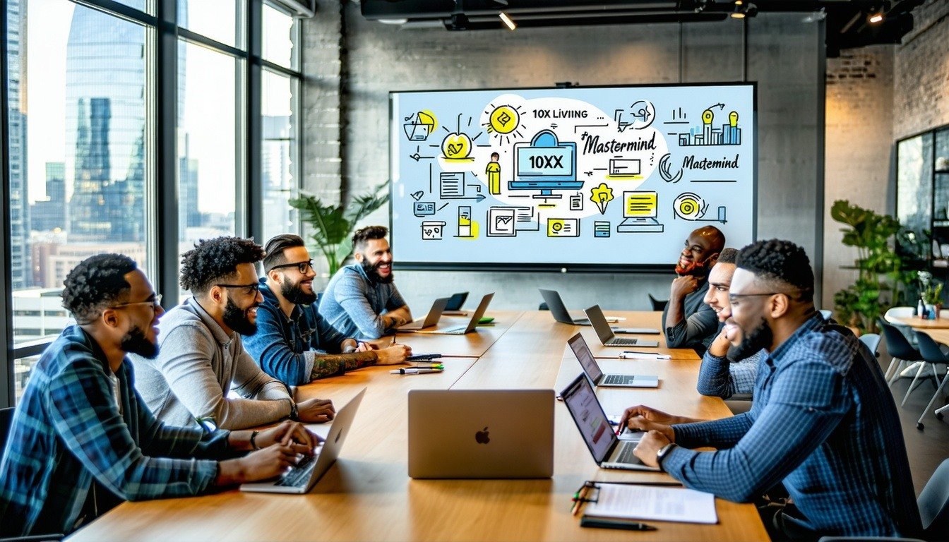 A vibrant, modern workspace featuring a group of diverse men engaged in an animated discussion around a large conference table. The room is filled wit